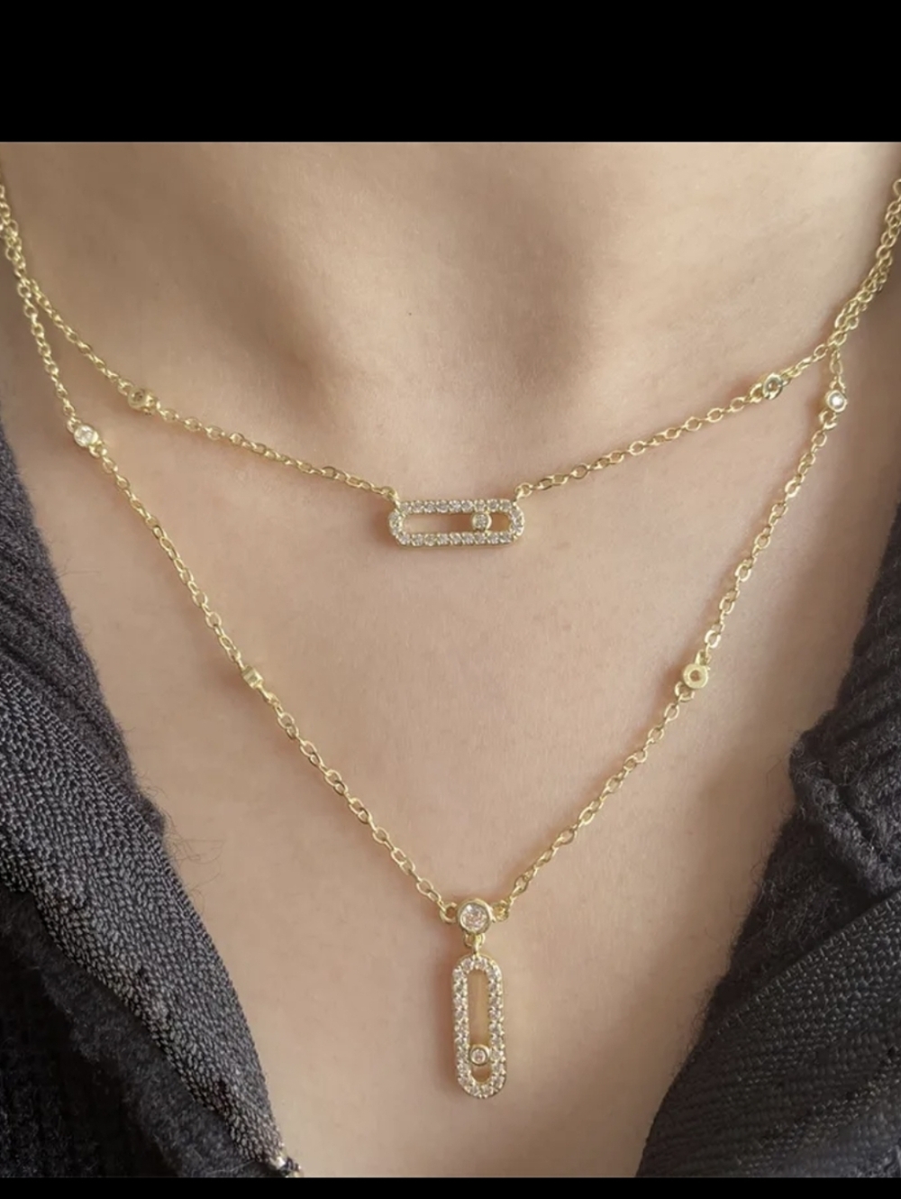 14K Gold Plated Geometrical Link Paperclip Designer Inspired Diamond Necklace
